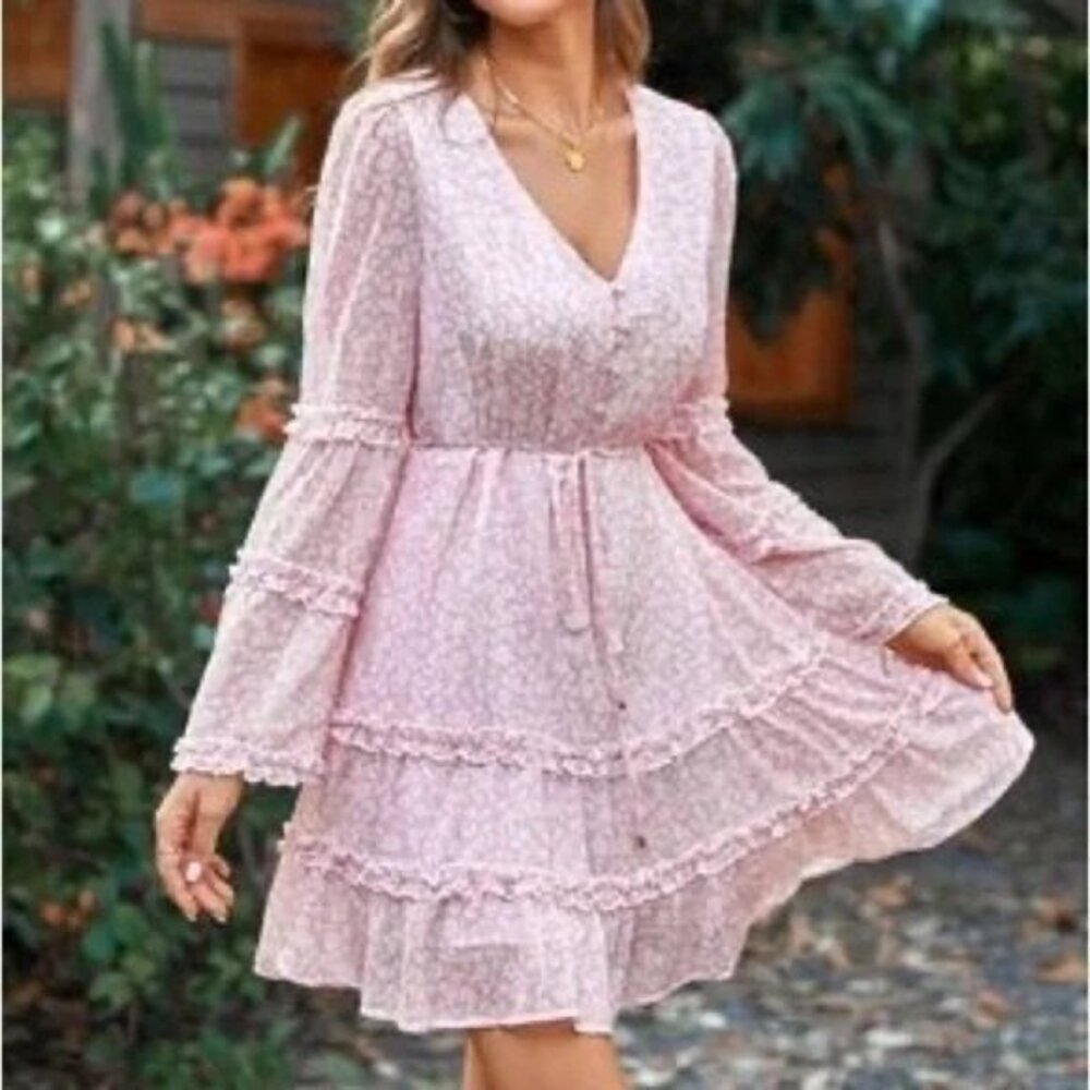 Cupshe Boho Style Varadero‎ Pink V-neck Bell Sleeve Romantic Ditsy Dress size L - Picture 3 of 16